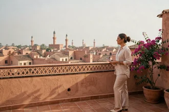 Femme sur la terrasse d'un appartement acheté à Marrakech avec vue sur les toits de la médina