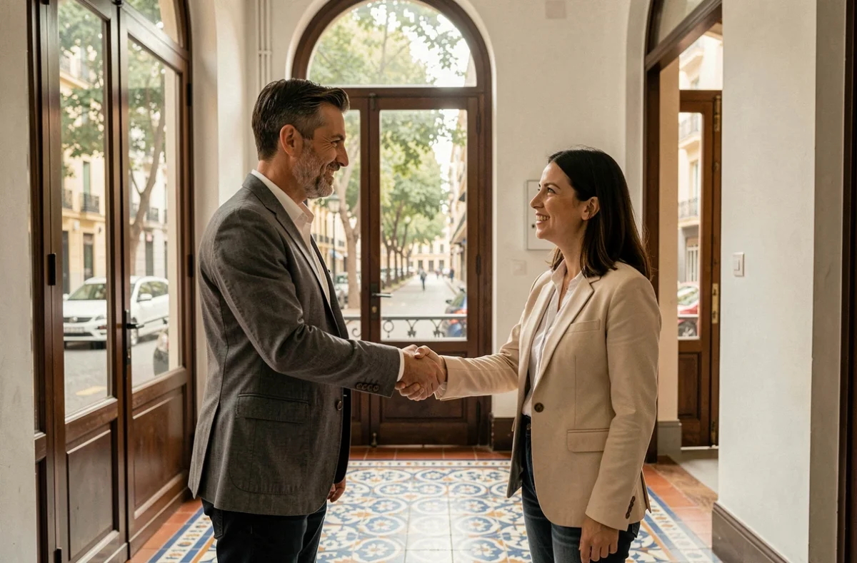 Deux particuliers se serrant la main lors d'une transaction immobilière directe dans un appartement barcelonais