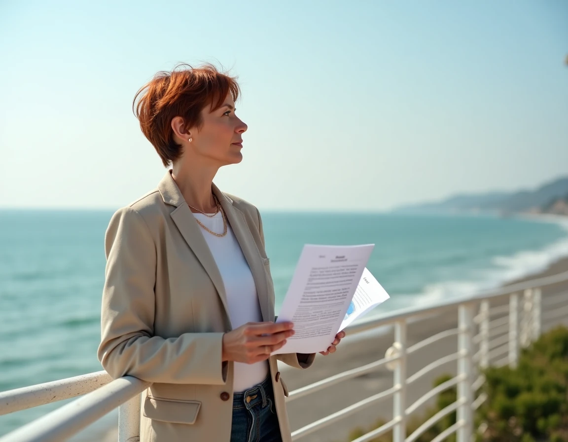 Femme examinant des documents immobiliers sur la terrasse d'une maison en bord de mer en Normandie