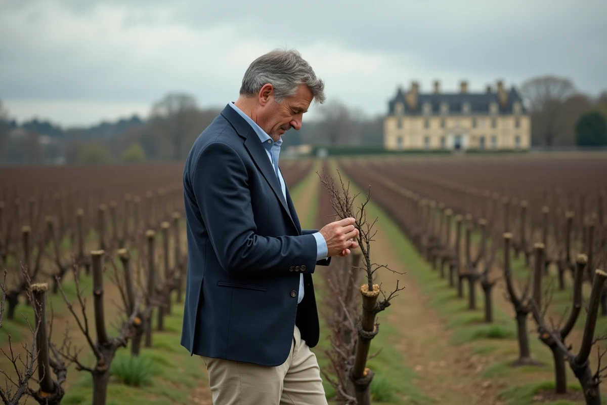 Acheteur potentiel inspectant les vignes d'un domaine viticole à Bordeaux avant acquisition