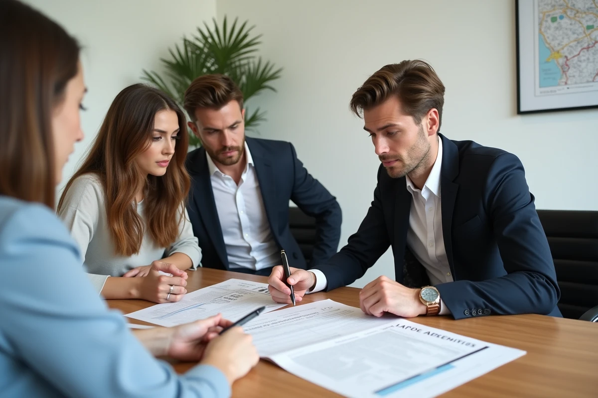 Couple d'acheteurs consultant les diagnostics immobiliers obligatoires avec un notaire à Limoges avant signature