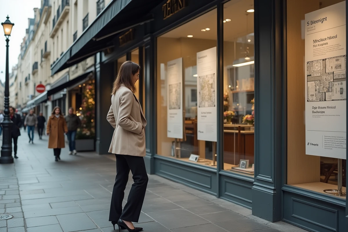 Femme consultant les annonces immobilières d'une agence dans un arrondissement haussmannien de Paris, illustration de l'investissement immobilier dans les quartiers aisés