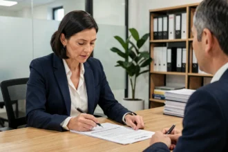 Agente immobilière expliquant les clauses d'un bail meublé à un locataire dans une agence immobilière moderne