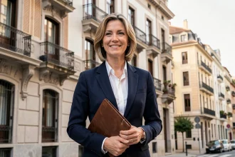 Agent immobilier professionnel devant un immeuble moderne à Barcelone, tenant un portfolio en cuir