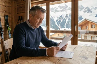 Agent immobilier consultant des documents dans un chalet alpin aux Menuires avec vue sur les pistes enneigées