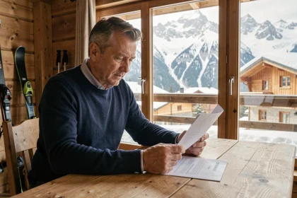 Agent immobilier consultant des documents dans un chalet alpin aux Menuires avec vue sur les pistes enneigées