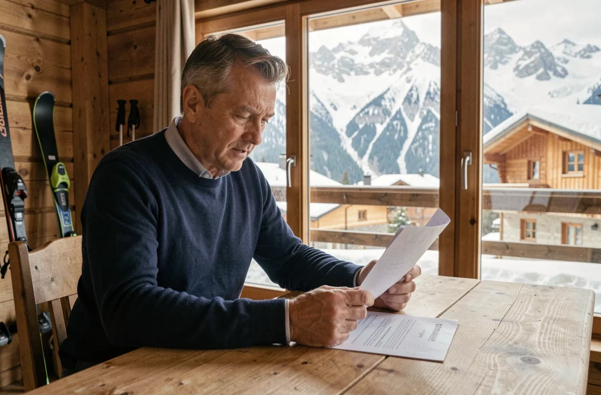 Agent immobilier consultant des documents dans un chalet alpin aux Menuires avec vue sur les pistes enneigées