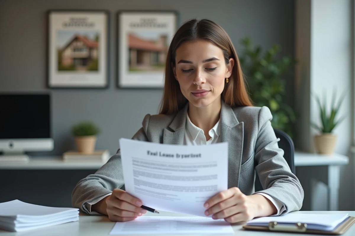 Agente immobilière examinant un contrat de colocation avec assurance loyer impayé dans un bureau professionnel