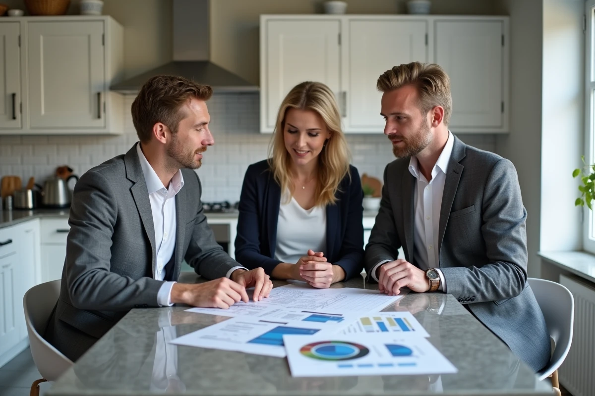 Agent immobilier expliquant une analyse comparative de marché à des propriétaires pour corriger les erreurs d'évaluation de leur bien
