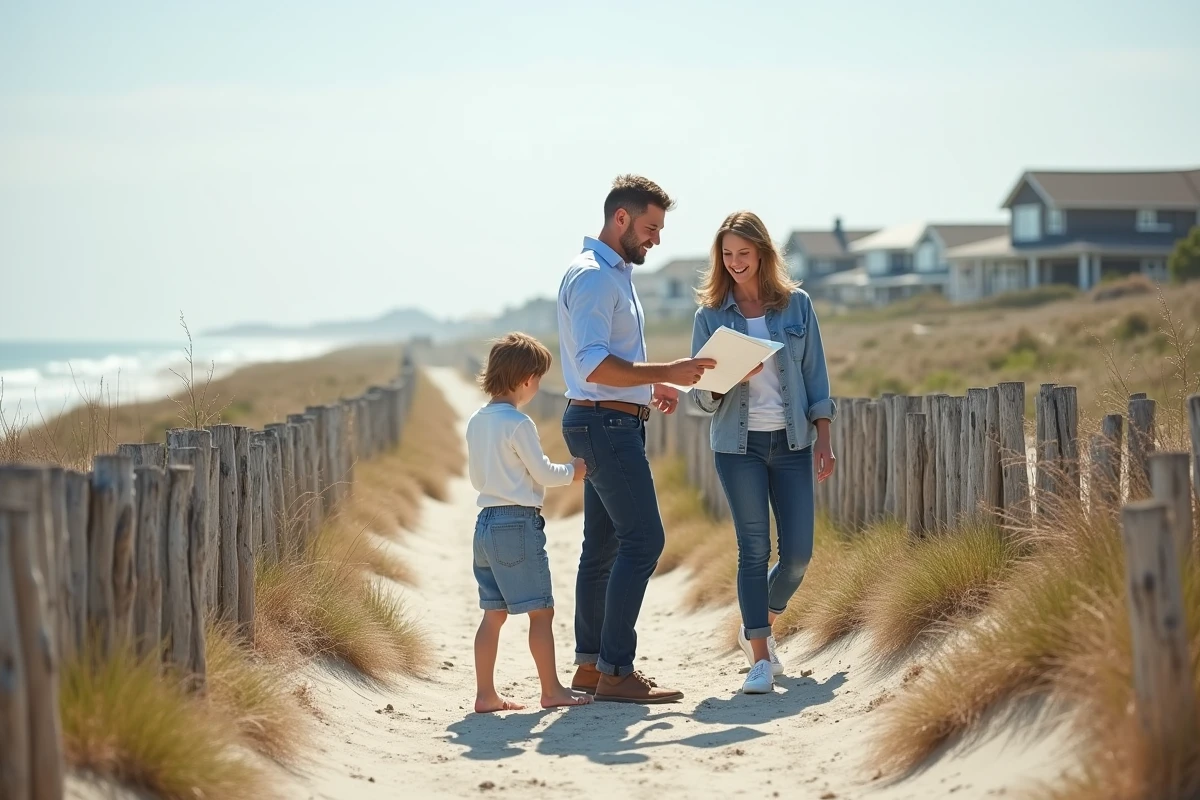 Agent immobilier montrant brochure à famille sur chemin côtier