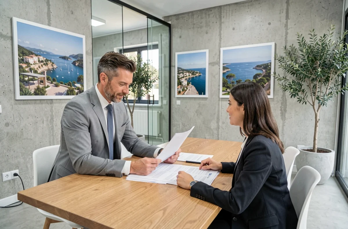 Agent immobilier consultant des clients dans une agence moderne à Marseille, représentant les meilleurs professionnels de l'immobilier en région PACA