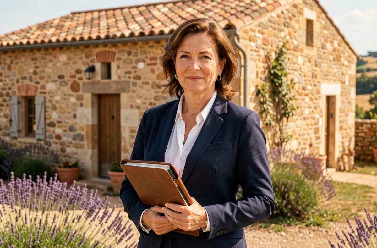 Agent immobilière professionnelle devant une propriété en pierre de Provence avec lavande, illustrant les meilleurs agents immobiliers en PACA