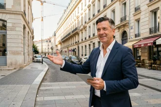 Agent immobilier expliquant le potentiel d'investissement dans le quartier Joliette à Marseille devant un immeuble rénové