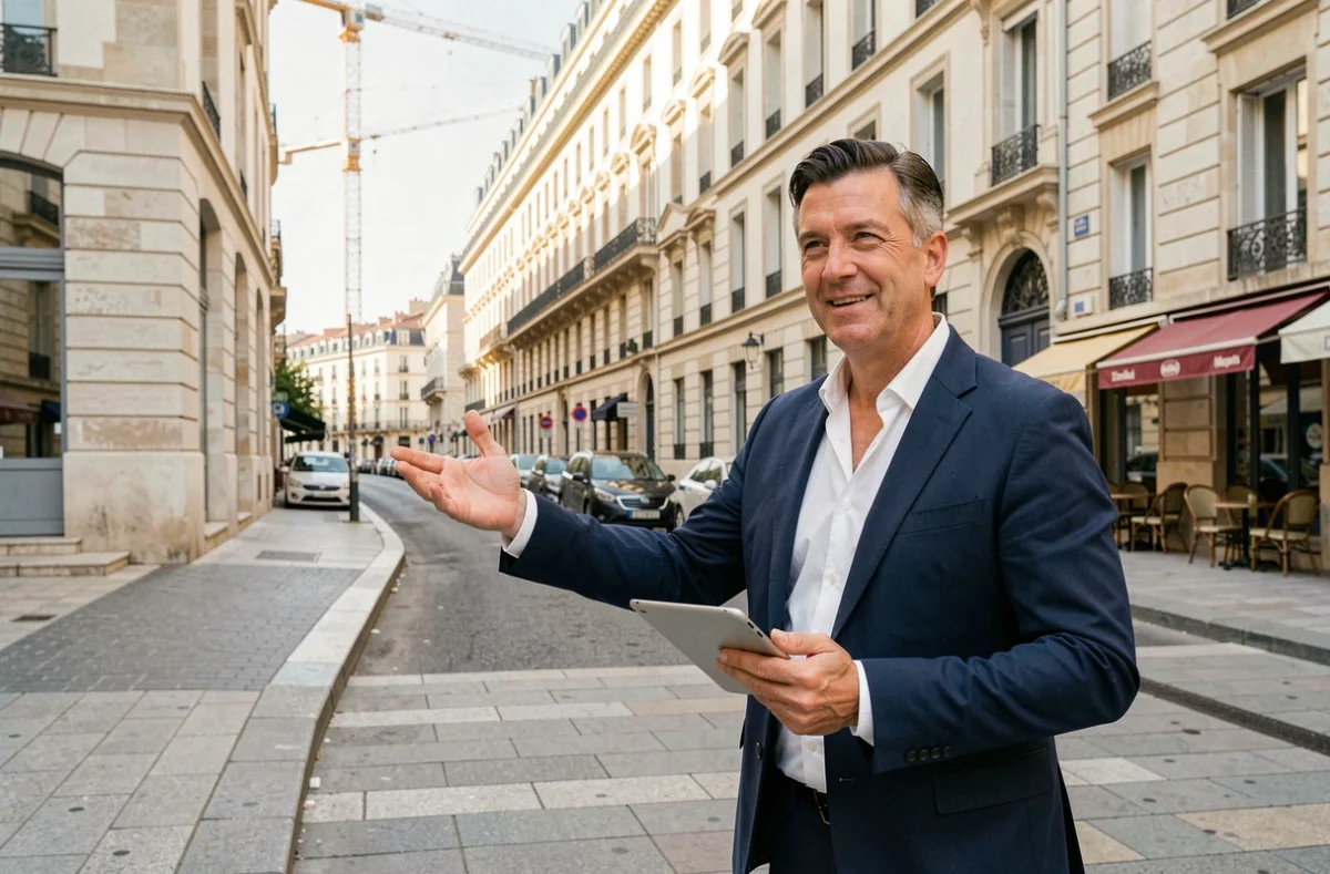 Agent immobilier expliquant le potentiel d'investissement dans le quartier Joliette à Marseille devant un immeuble rénové