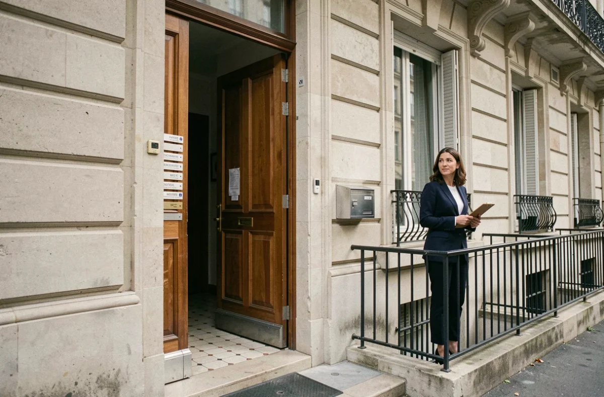 Agente immobilière devant un immeuble locatif illustrant l'assurance PNO pour propriétaire bailleur