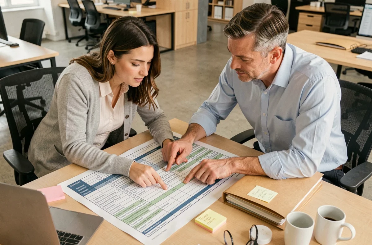 Deux agents d'une commission logement analysant un tableau de rangs d'attribution dans un bureau moderne