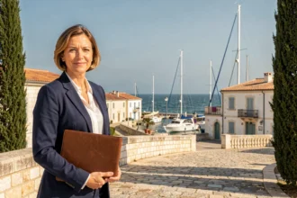 Agent immobilière professionnelle sur le front de mer en Charente-Maritime avec architecture en pierre blanche et port en arrière-plan