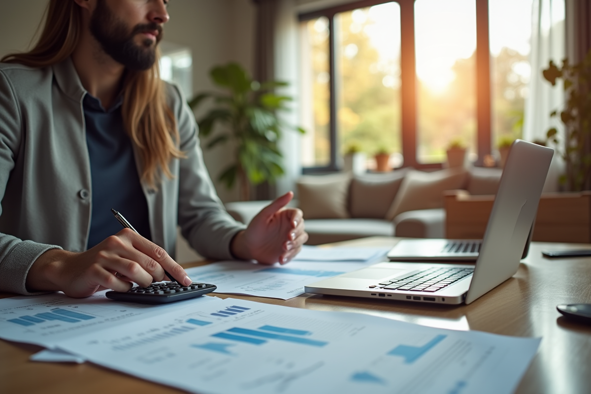 Personne analysant documents immobiliers dans un salon lumineux