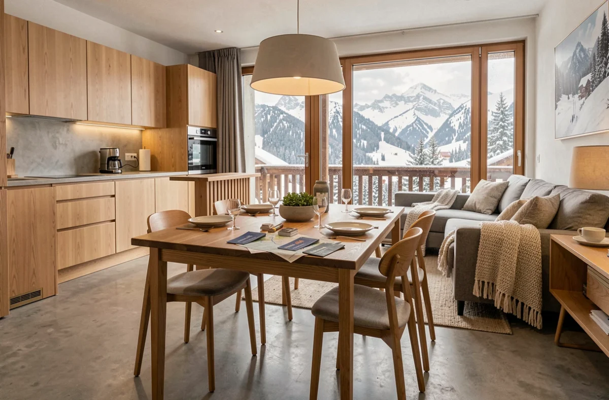 Intérieur d'un appartement de ski aux Menuires aménagé pour la location courte durée avec vue sur les sommets enneigés