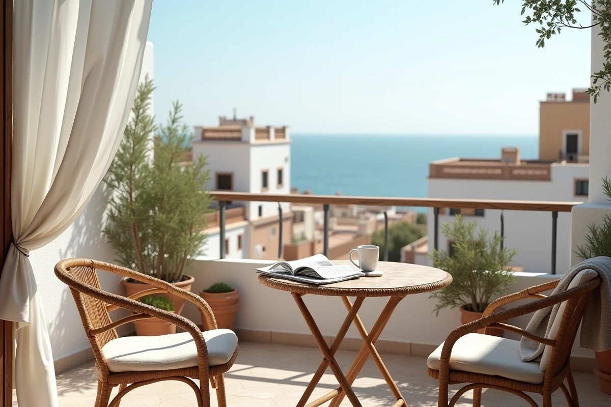 Terrasse d'appartement en location longue durée à Essaouira avec vue sur les toits de la médina et l'océan Atlantique