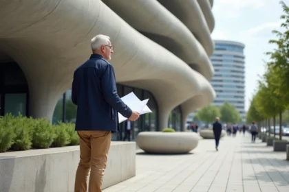 Architecte examinant la façade en béton de la tour Nuages à Nanterre