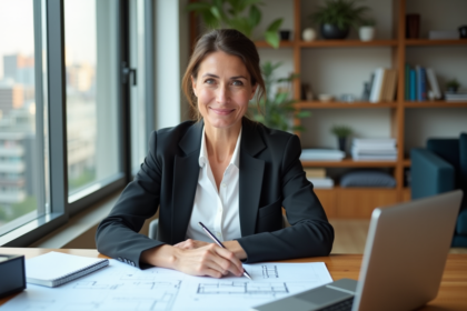 Femme en blazer étudiant des plans architecturaux