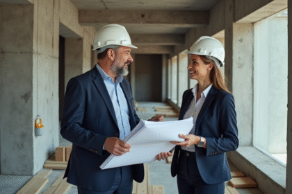 Architecte en costume bleu discutant dans un corridor moderne