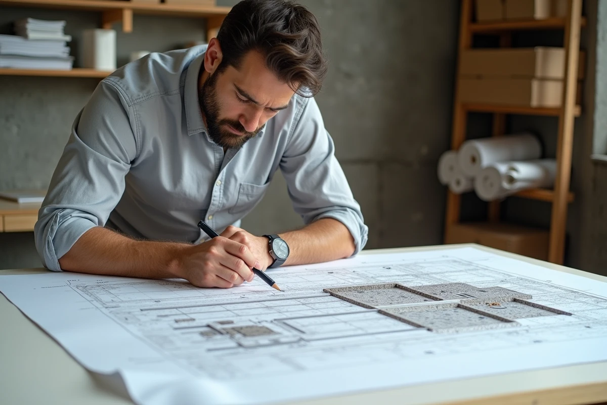 Architecte examinant un plan de coupe terrain sur une table à dessin dans un studio professionnel