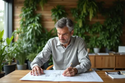 Architecte examinant des plans RSE dans un immeuble de bureaux éco-responsable avec mur végétal