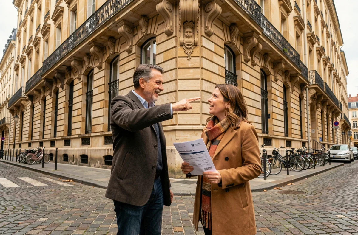 Couple devant un immeuble haussmannien à Lyon discutant d'une offre d'assurance habitation