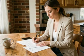 Femme signant un contrat d'assurance habitation temporaire dans un appartement meublé