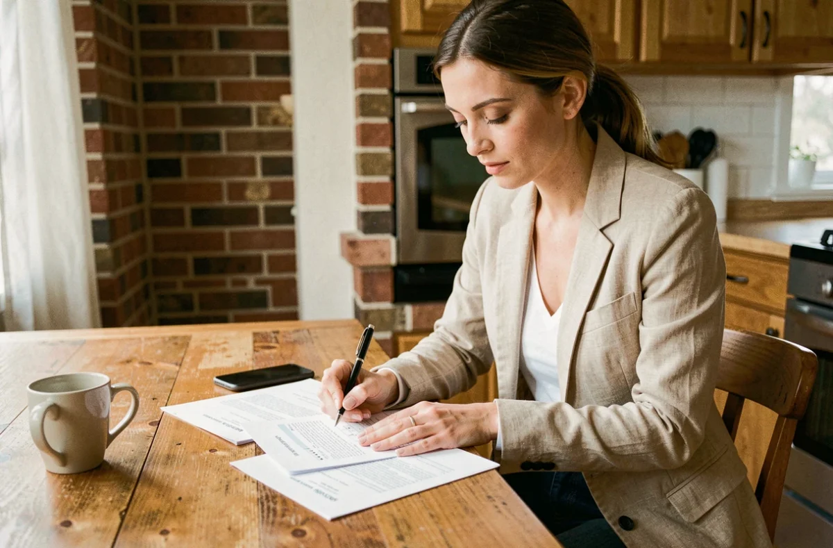 Femme signant un contrat d'assurance habitation temporaire dans un appartement meublé