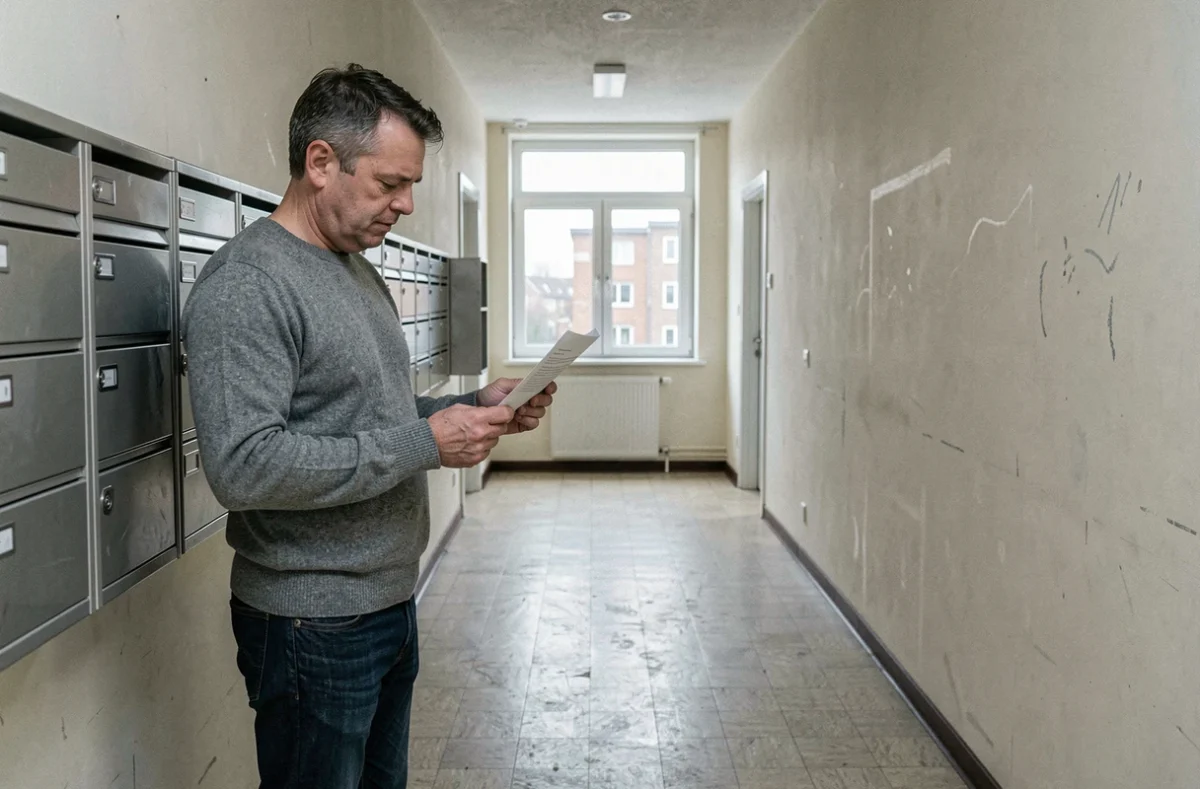Homme consultant une lettre d'attribution de logement social dans le couloir d'un immeuble HLM