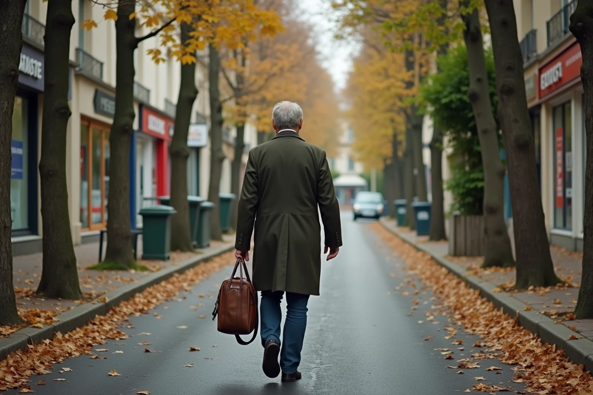 Homme se promenant dans une avenue résidentielle de Besançon avec des vitrines d'agences immobilières proposant des logements abordables
