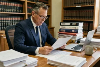 Avocat en cabinet juridique examinant des documents pour un référé préventif, dossiers et codes juridiques en arrière-plan
