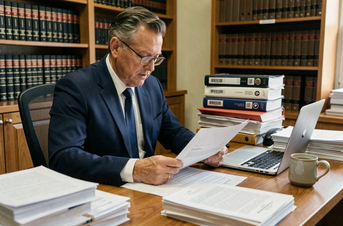 Avocat en cabinet juridique examinant des documents pour un référé préventif, dossiers et codes juridiques en arrière-plan