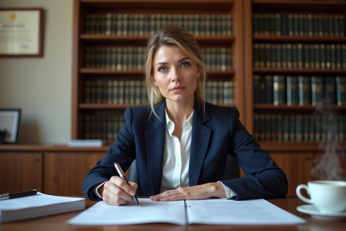 Avocate analysant un contrat de vente immobilière pour préparer une défense contre une accusation de vice caché