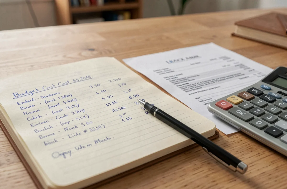 Carnet de notes avec estimations budgétaires et facture juridique pour anticiper le coût d'un référé préventif