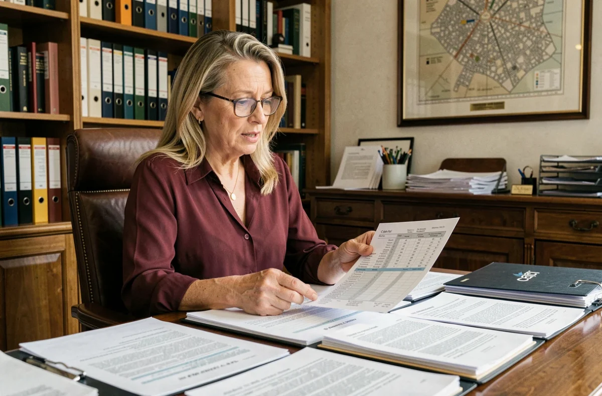 Courtière Cafpi expliquant un tableau d'amortissement à un client dans un bureau style parisien classique