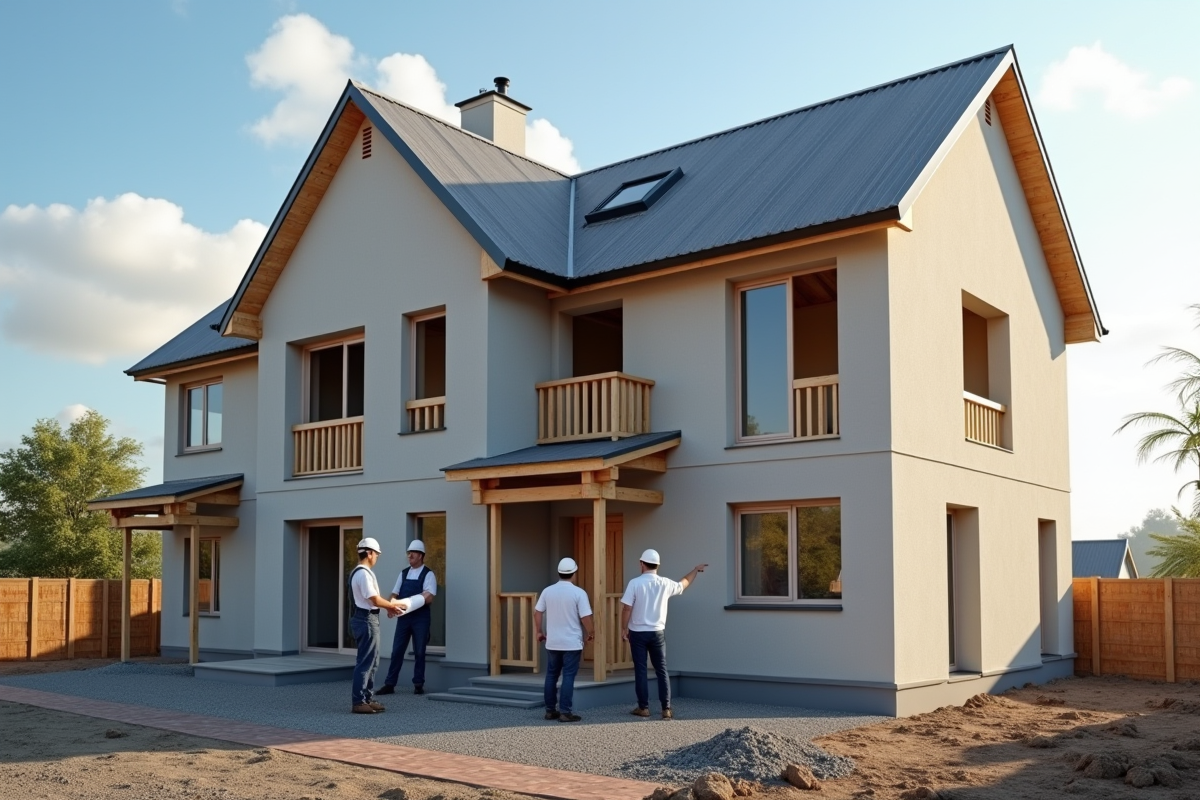 Groupe de spécialistes examinant plans sur un chantier de maison en construction en plein jour