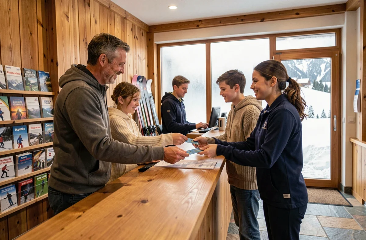 Famille récupérant les clés de leur location à la réception d'une résidence de ski à Les Menuires