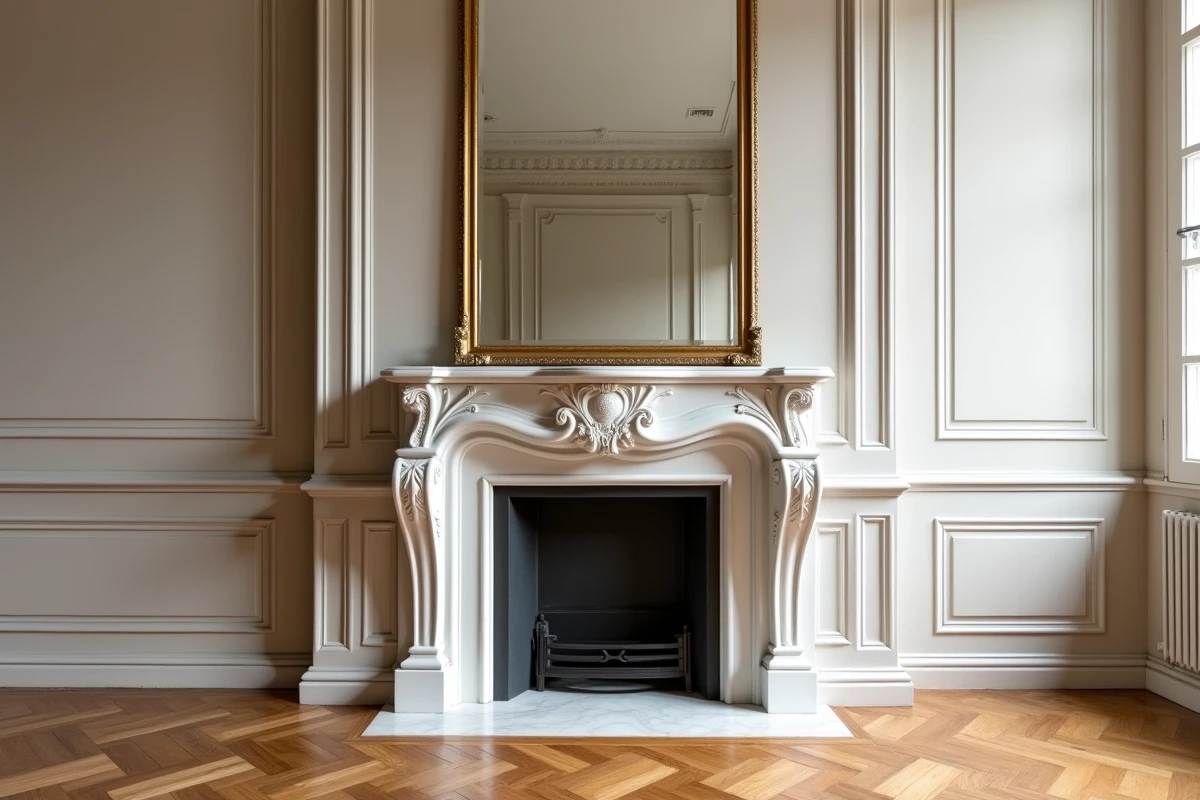 Cheminée en marbre de Carrare avec miroir doré dans un salon d'appartement haussmannien parisien