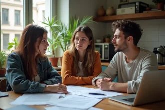 Trois colocataires discutant d'une assurance loyer impayé autour d'une table avec des documents de location