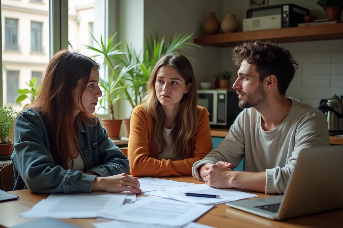 Trois colocataires discutant d'une assurance loyer impayé autour d'une table avec des documents de location