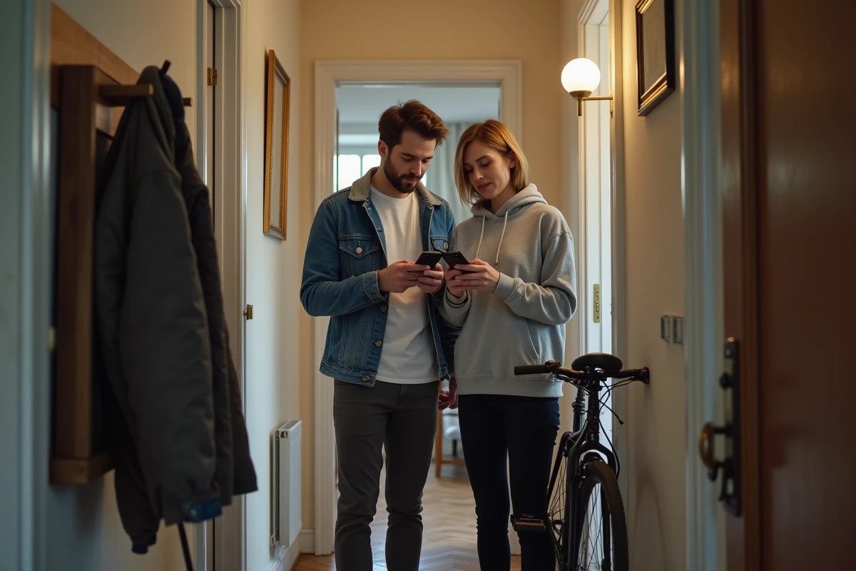 Deux colocataires consultant une assurance loyer impayé sur smartphone dans le couloir de leur appartement partagé