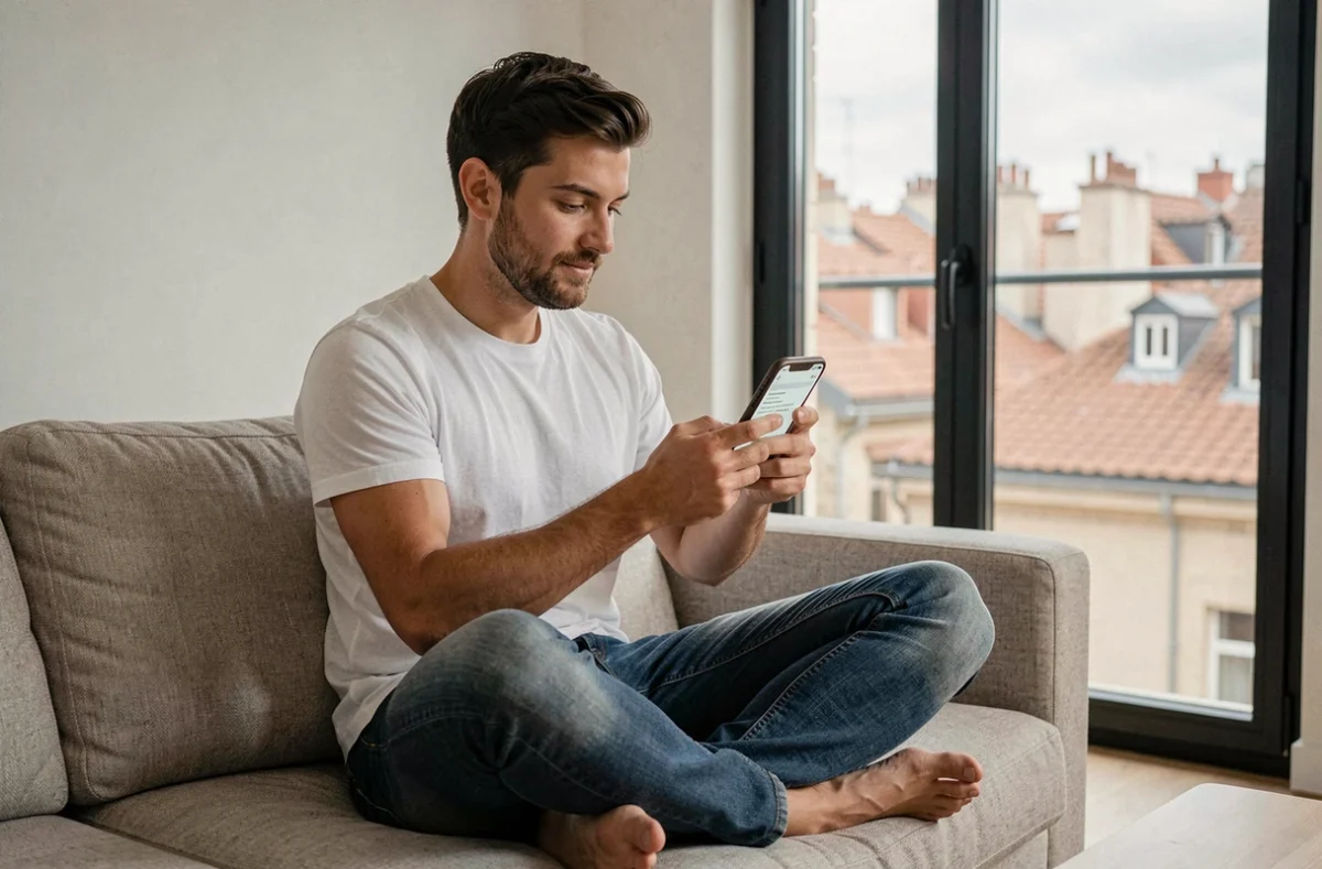 Jeune homme comparant des offres d'assurance habitation sur smartphone dans un studio contemporain avec vue sur les toits de Lyon