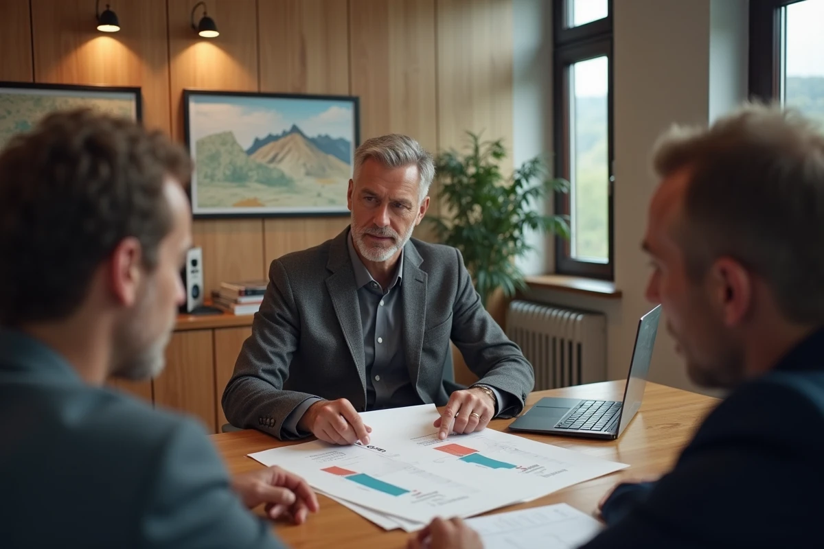 Agent immobilier présentant une comparaison d'achat entre l'Andorre et la France à des clients dans un bureau professionnel