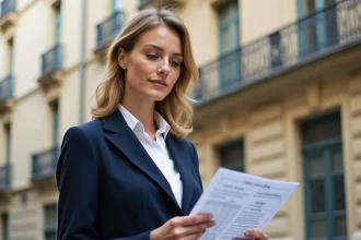 Femme consultant des documents de comparaison de prix immobiliers devant un immeuble haussmannien à Lyon