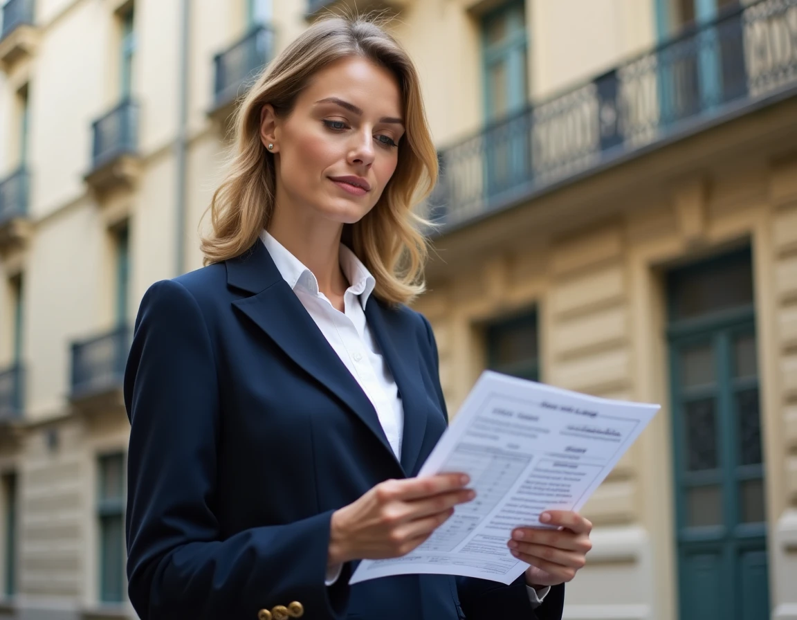 Femme consultant des documents de comparaison de prix immobiliers devant un immeuble haussmannien à Lyon