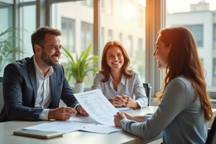 Conseiller financier montrant des documents de revenus locatifs à un couple souriant